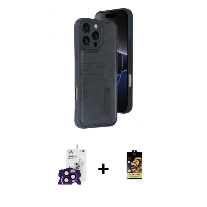 MARSİLYAN™- iPhone 16 Pro Max Kılıf Yörünge Işık Serisi - Siyah Buffer Cam Ekran Koruyucu + Bilvis Titan Kamera Lens - SH