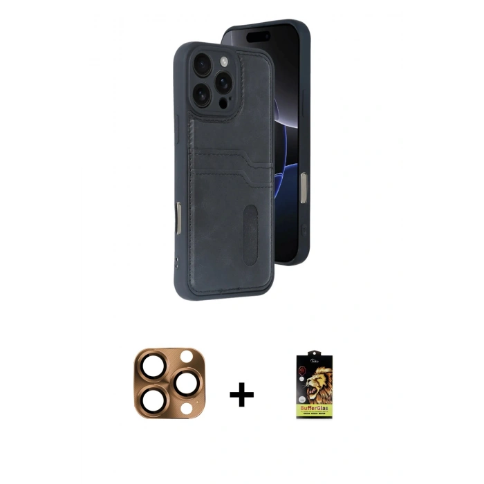 MARSİLYAN™- iPhone 16 Pro Max Kılıf Yörünge Işık Serisi - Siyah Buffer Cam Ekran Koruyucu + Pers Alüminyum Kamera Lens - CLTM