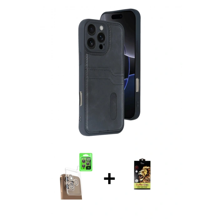 MARSİLYAN™- iPhone 16 Pro Max Kılıf Yörünge Işık Serisi - Siyah Buffer Cam Ekran Koruyucu + Çöl Titanyum Raze Metal Kamera Lens