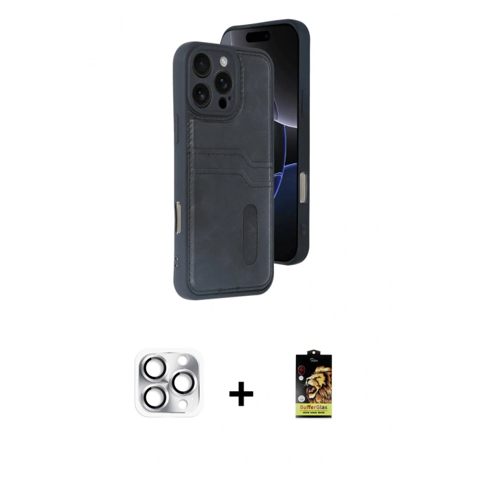 MARSİLYAN™- iPhone 16 Pro Max Kılıf Yörünge Işık Serisi - Siyah Buffer Cam Ekran Koruyucu + Gümüş Pers Alüminyum Kamera Lens