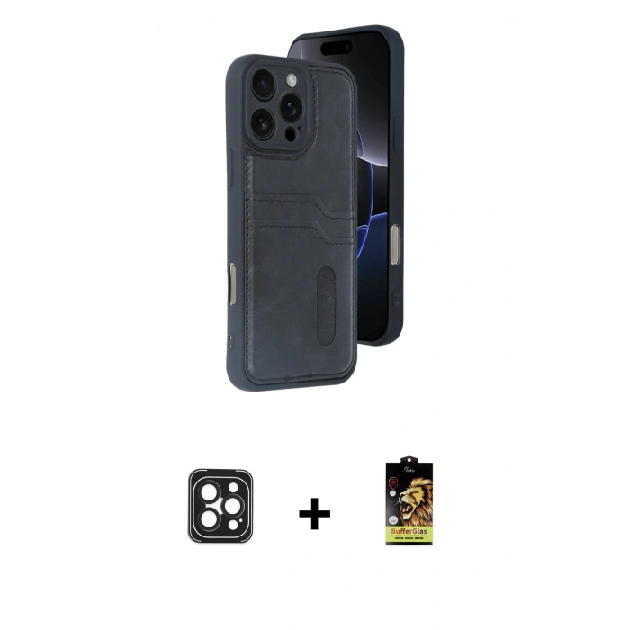 MARSİLYAN™- iPhone 16 Pro Max Kılıf Yörünge Işık Serisi - Siyah Buffer Cam Ekran Koruyucu + PVD Metal Kamera Lens - SH