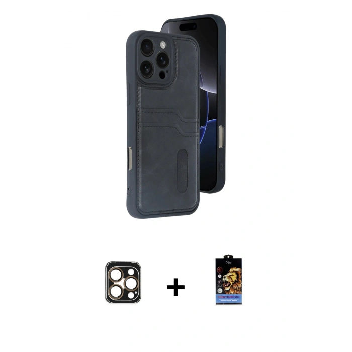 MARSİLYAN™- iPhone 16 Pro Max Kılıf Yörünge Işık Serisi - Siyah Buffer Hayalet Cam Ekran Koruyucu + PVD Metal Kamera Lens - GD