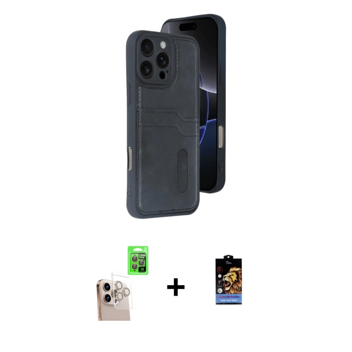 MARSİLYAN™- iPhone 16 Pro Max Kılıf Yörünge Işık Serisi - Siyah Buffer Hayalet Cam Ekran Koruyucu + Raze Metal Kamera Lens - NLGY