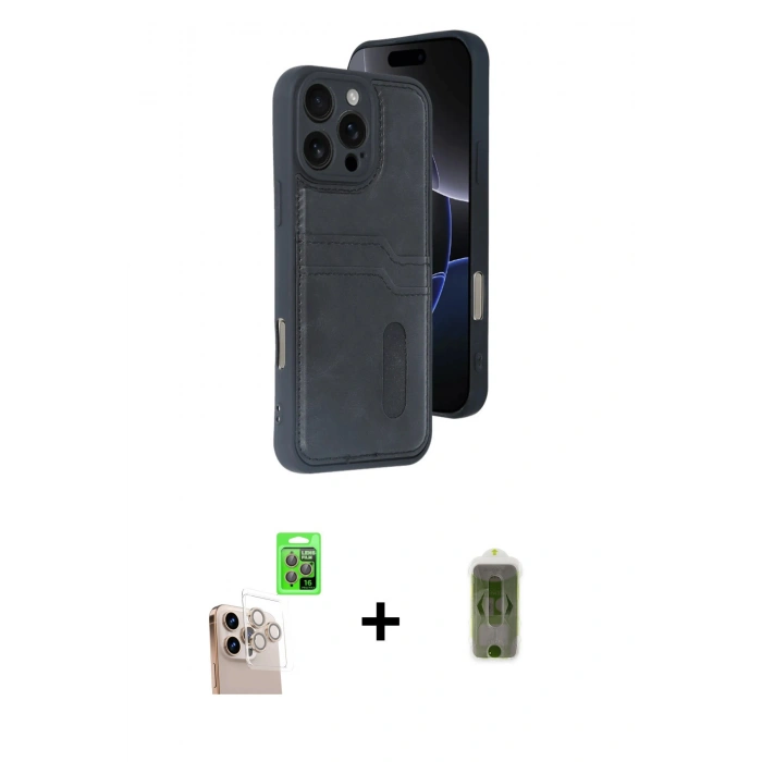 MARSİLYAN™- iPhone 16 Pro Max Kılıf Yörünge Işık Serisi - Siyah Joko Magic 5D Hayalet Cam + Natural Grey Raze Metal Kamera Lens