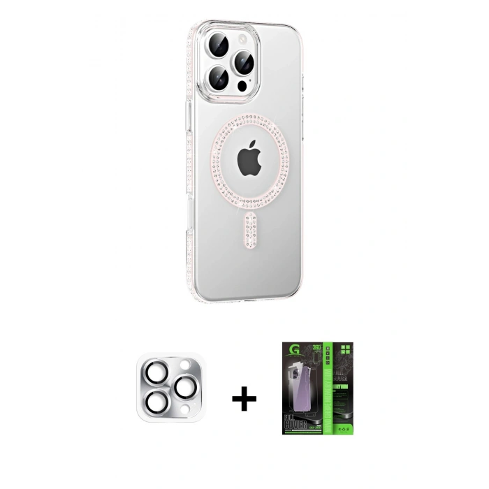 MARSİLYAN™- iPhone 16 Pro Max Kılıf Yörünge Koleksiyonu - Şeffaf 360 Full Body Arka Koruyucu + Pers Alüminyum Kamera Lens - GS