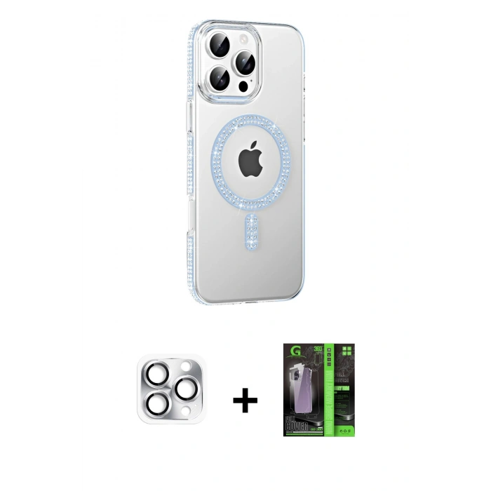 MARSİLYAN™- iPhone 16 Pro Max Kılıf Yörünge Koleksiyonu - Şeffaf 360 Full Body Arka Koruyucu + Pers Alüminyum Kamera Lens - GS