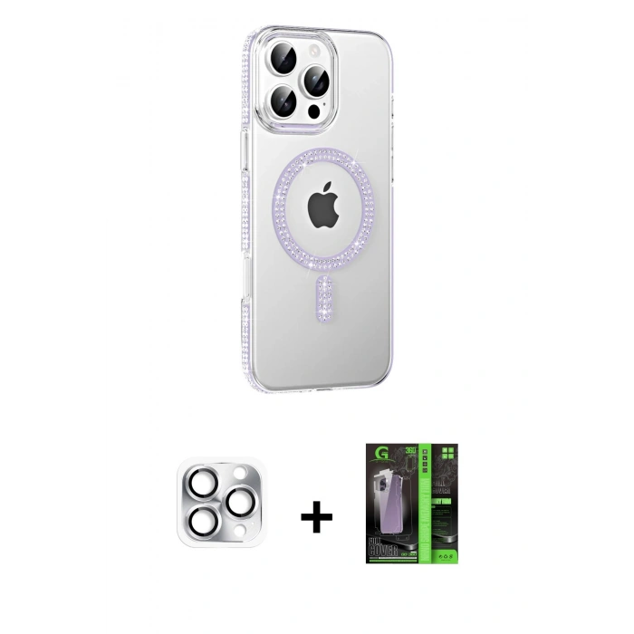 MARSİLYAN™- iPhone 16 Pro Max Kılıf Yörünge Koleksiyonu - Şeffaf 360 Full Body Arka Koruyucu + Pers Alüminyum Kamera Lens - GS
