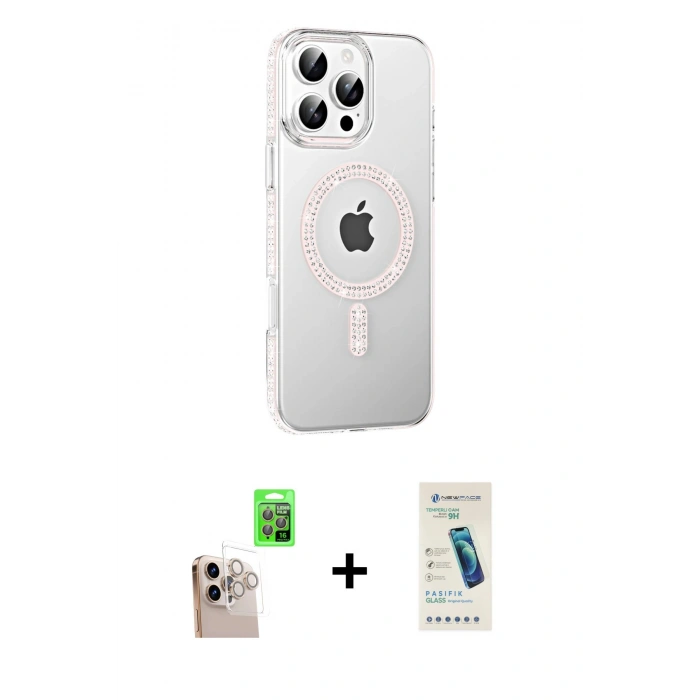 MARSİLYAN™- iPhone 16 Pro Max Kılıf Yörünge Koleksiyonu - Şeffaf Pasifik Cam Ekran Koruyucu + Natural Grey Raze Metal Kamera Lens