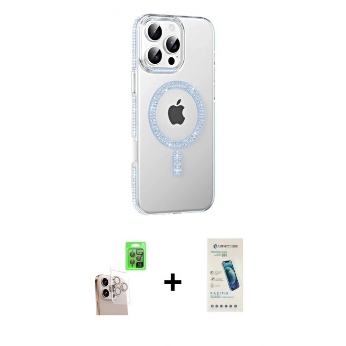 MARSİLYAN™- iPhone 16 Pro Max Kılıf Yörünge Koleksiyonu - Şeffaf Pasifik Cam Ekran Koruyucu + Natural Grey Raze Metal Kamera Lens