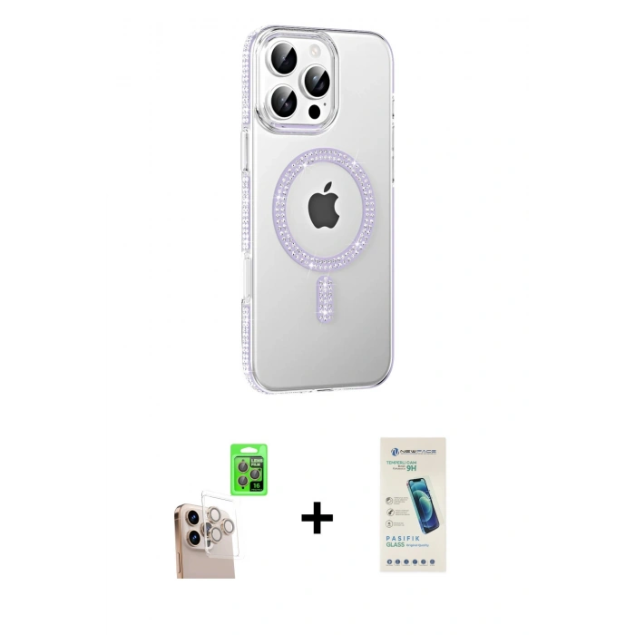 MARSİLYAN™- iPhone 16 Pro Max Kılıf Yörünge Koleksiyonu - Şeffaf Pasifik Cam Ekran Koruyucu + Natural Grey Raze Metal Kamera Lens
