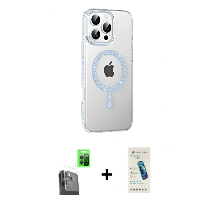 MARSİLYAN™- iPhone 16 Pro Max Kılıf Yörünge Koleksiyonu - Şeffaf Pasifik Cam Ekran Koruyucu + Raze Metal Kamera Lens - SH