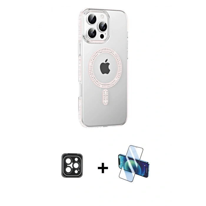 MARSİLYAN™- iPhone 16 Pro Max Kılıf Yörünge Koleksiyonu - Siyah 3D Antistatik Cam Ekran Koruyucu + PVD Metal Kamera Lens - SH