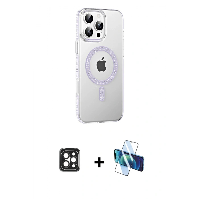 MARSİLYAN™- iPhone 16 Pro Max Kılıf Yörünge Koleksiyonu - Siyah 3D Antistatik Cam Ekran Koruyucu + PVD Metal Kamera Lens - SH