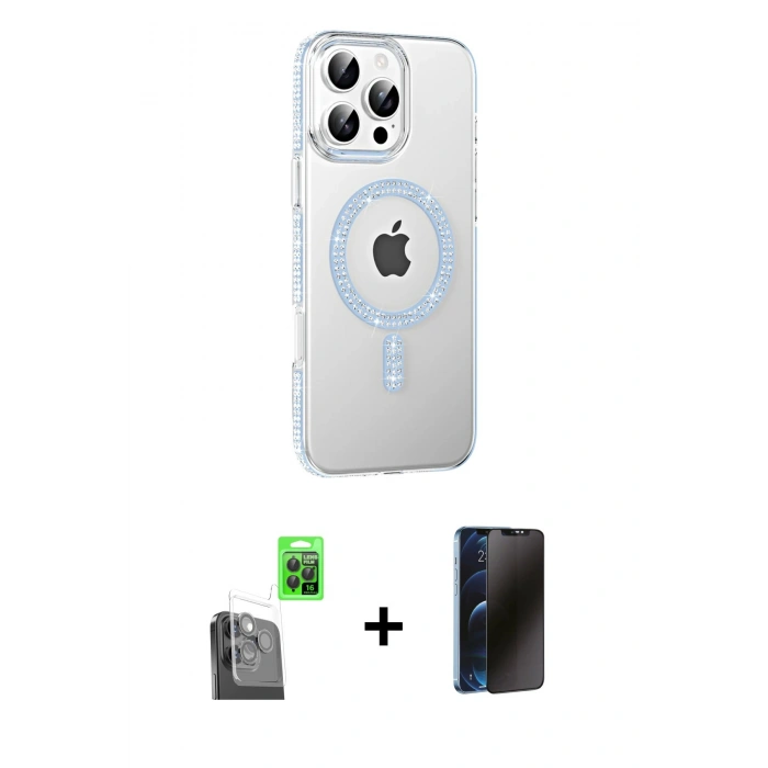 MARSİLYAN™- iPhone 16 Pro Max Kılıf Yörünge Koleksiyonu - Siyah 3D Antistatik Hayalet Cam Ekran Koruyucu + Raze Metal Kamera Lens - SH