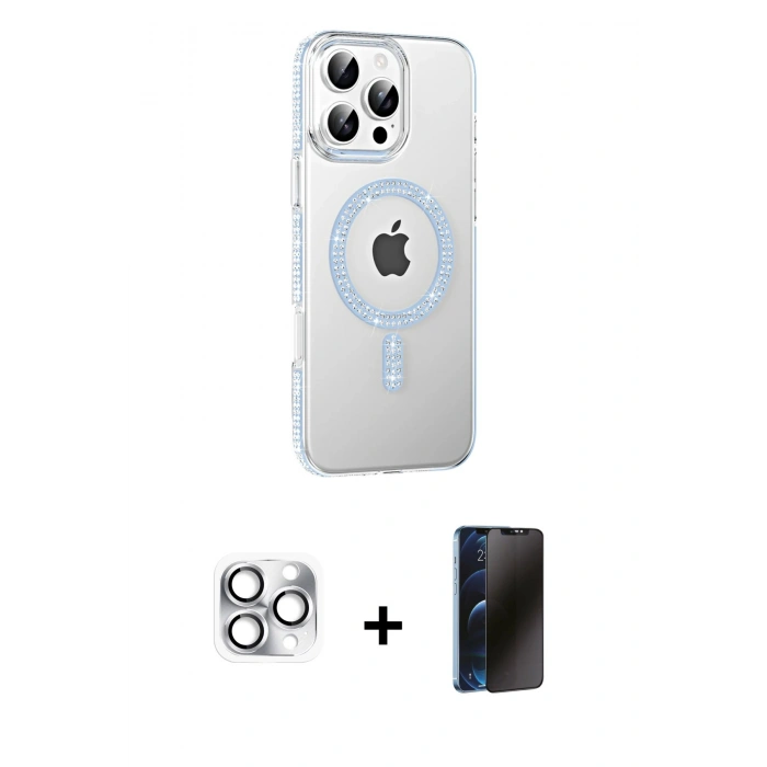 MARSİLYAN™- iPhone 16 Pro Max Kılıf Yörünge Koleksiyonu - Siyah 3D Antistatik Hayalet Cam Ekran Koruyucu + Pers Alüminyum Kamera Lens - GS