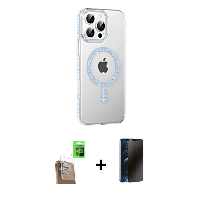 MARSİLYAN™- iPhone 16 Pro Max Kılıf Yörünge Koleksiyonu - Siyah 3D Antistatik Hayalet Cam Ekran Koruyucu + Raze Metal Kamera Lens - CLTM