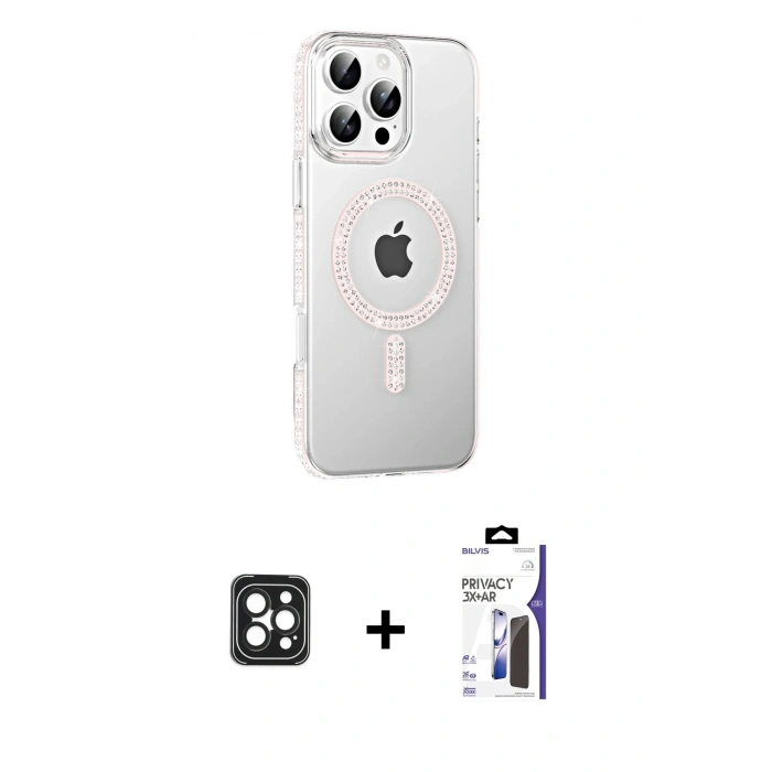 MARSİLYAN™- iPhone 16 Pro Max Kılıf Yörünge Koleksiyonu - Siyah Bilvis 3X AR Hayalet Cam Ekran Koruyucu + PVD Metal Kamera Lens - SH