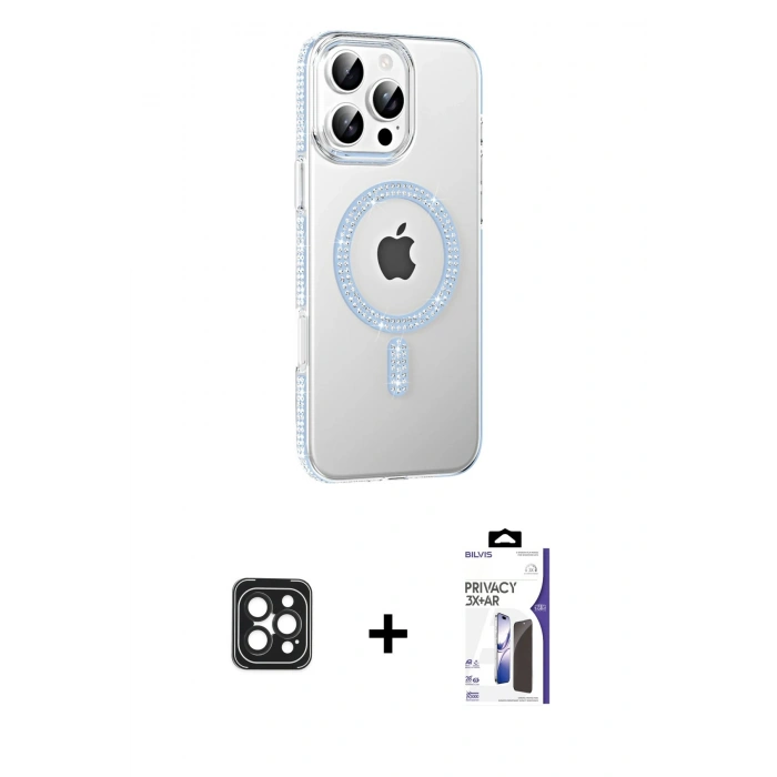 MARSİLYAN™- iPhone 16 Pro Max Kılıf Yörünge Koleksiyonu - Siyah Bilvis 3X AR Hayalet Cam Ekran Koruyucu + PVD Metal Kamera Lens - SH