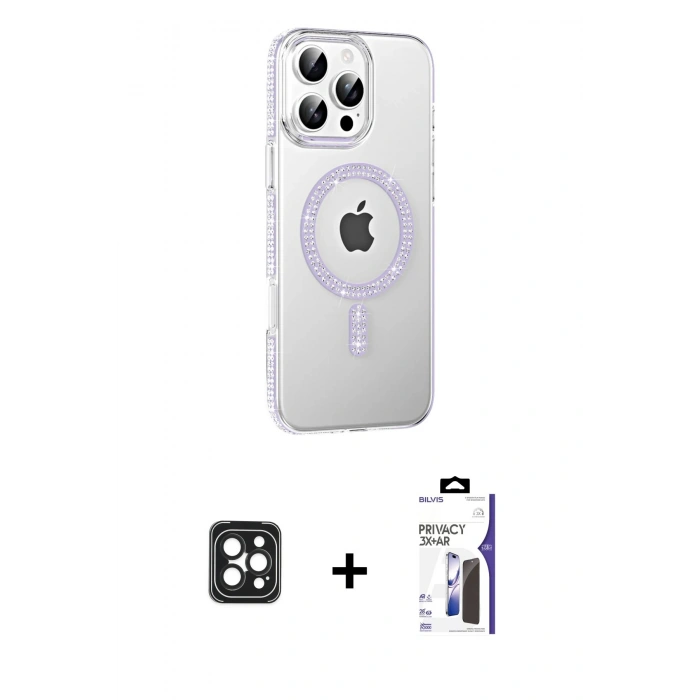 MARSİLYAN™- iPhone 16 Pro Max Kılıf Yörünge Koleksiyonu - Siyah Bilvis 3X AR Hayalet Cam Ekran Koruyucu + PVD Metal Kamera Lens - SH