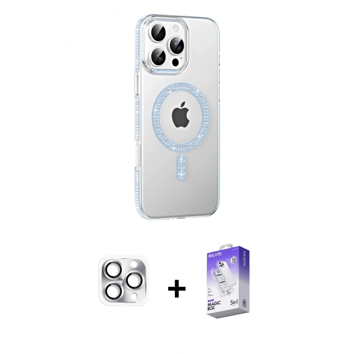 MARSİLYAN™- iPhone 16 Pro Max Kılıf Yörünge Koleksiyonu - Siyah Bilvis 5in1 3D Magic Cam Ekran Koruyucu + Gümüş Pers Alüminyum Kamera Lens