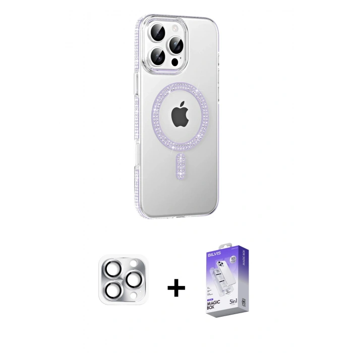 MARSİLYAN™- iPhone 16 Pro Max Kılıf Yörünge Koleksiyonu - Siyah Bilvis 5in1 3D Magic Cam Ekran Koruyucu + Gümüş Pers Alüminyum Kamera Lens