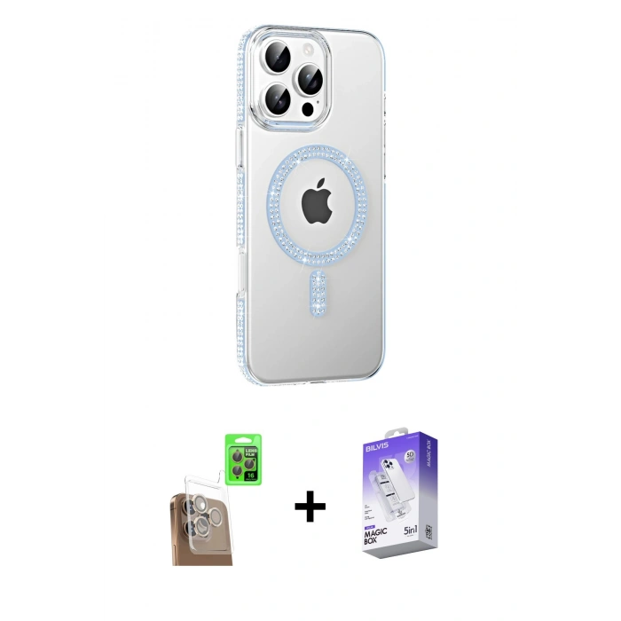 MARSİLYAN™- iPhone 16 Pro Max Kılıf Yörünge Koleksiyonu - Siyah Bilvis 5in1 3D Magic Cam Ekran Koruyucu + Raze Metal Kamera Lens - CLTM