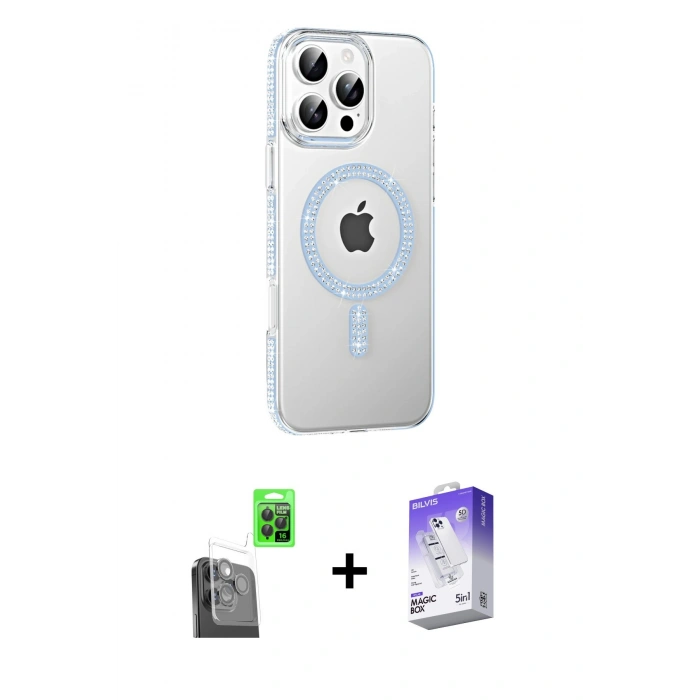 MARSİLYAN™- iPhone 16 Pro Max Kılıf Yörünge Koleksiyonu - Siyah Bilvis 5in1 3D Magic Cam Ekran Koruyucu + Raze Metal Kamera Lens - SH