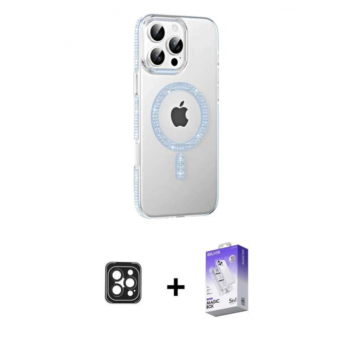 MARSİLYAN™- iPhone 16 Pro Max Kılıf Yörünge Koleksiyonu - Siyah Bilvis 5in1 3D Magic Cam Ekran Koruyucu + Siyah PVD Metal Kamera Lens