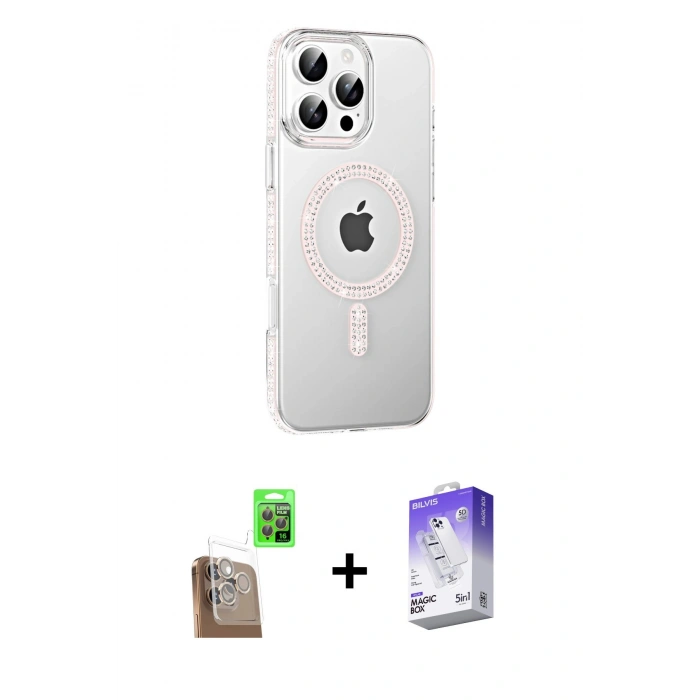 MARSİLYAN™- iPhone 16 Pro Max Kılıf Yörünge Koleksiyonu - Siyah Bilvis 5in1 3D Magic Cam Ekran Koruyucu + Raze Metal Kamera Lens - CLTM