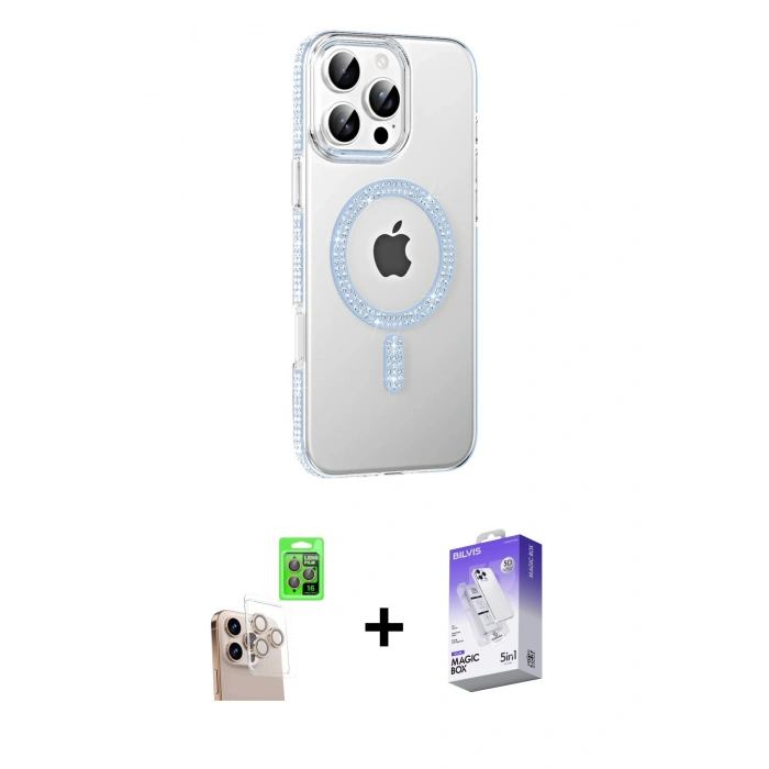 MARSİLYAN™- iPhone 16 Pro Max Kılıf Yörünge Koleksiyonu - Siyah Bilvis 5in1 3D Magic Cam Ekran Koruyucu + Raze Metal Kamera Lens - NLGY