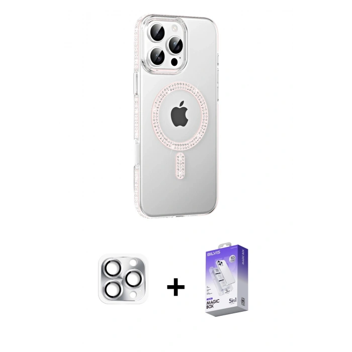 MARSİLYAN™- iPhone 16 Pro Max Kılıf Yörünge Koleksiyonu - Siyah Bilvis 5in1 3D Magic Cam Ekran Koruyucu + Gümüş Pers Alüminyum Kamera Lens