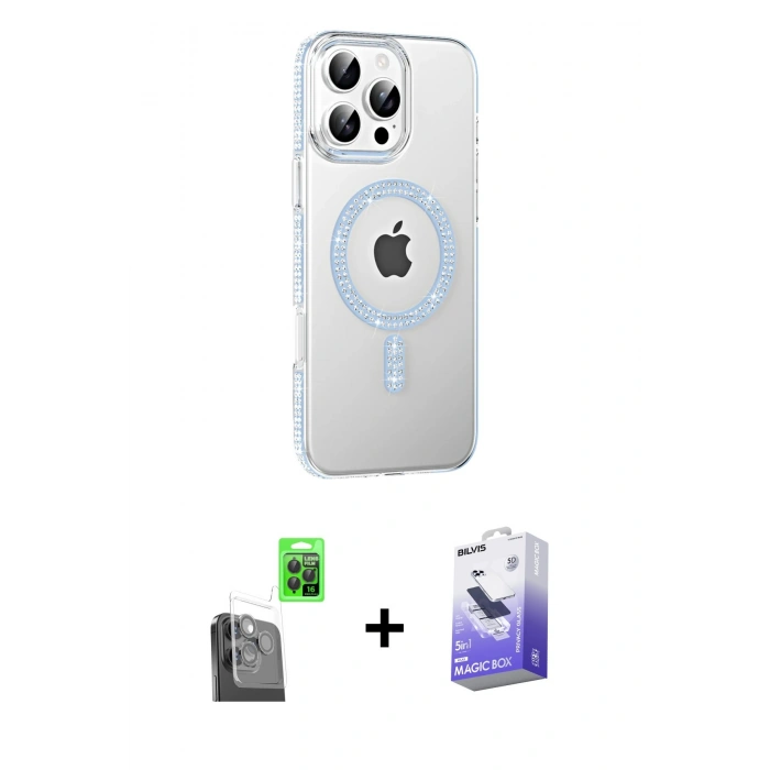 MARSİLYAN™- iPhone 16 Pro Max Kılıf Yörünge Koleksiyonu - Siyah Bilvis 5in1 5D Magic Hayalet Cam Ekran Koruyucu + Raze Metal Kamera Lens - SH