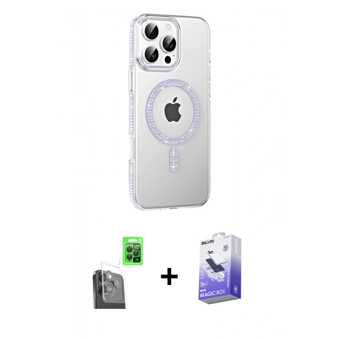 MARSİLYAN™- iPhone 16 Pro Max Kılıf Yörünge Koleksiyonu - Siyah Bilvis 5in1 5D Magic Hayalet Cam Ekran Koruyucu + Raze Metal Kamera Lens - SH