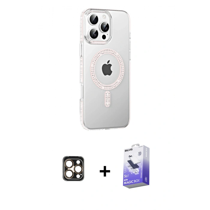 MARSİLYAN™- iPhone 16 Pro Max Kılıf Yörünge Koleksiyonu - Siyah Bilvis 5in1 5D Magic Hayalet Cam Ekran Koruyucu + Gold PVD Metal Kamera Lens