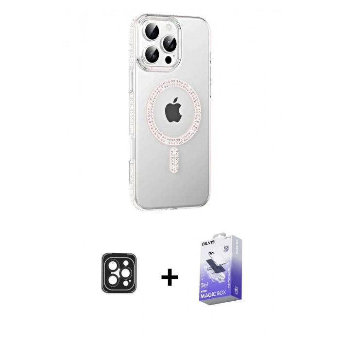 MARSİLYAN™- iPhone 16 Pro Max Kılıf Yörünge Koleksiyonu - Siyah Bilvis 5in1 5D Magic Hayalet Cam Ekran Koruyucu + PVD Metal Kamera Lens - SH