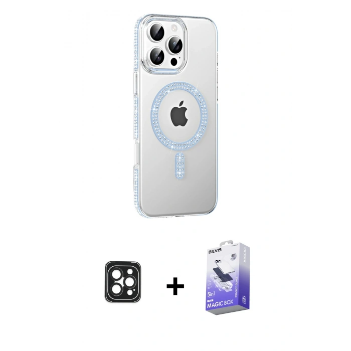 MARSİLYAN™- iPhone 16 Pro Max Kılıf Yörünge Koleksiyonu - Siyah Bilvis 5in1 5D Magic Hayalet Cam Ekran Koruyucu + PVD Metal Kamera Lens - SH