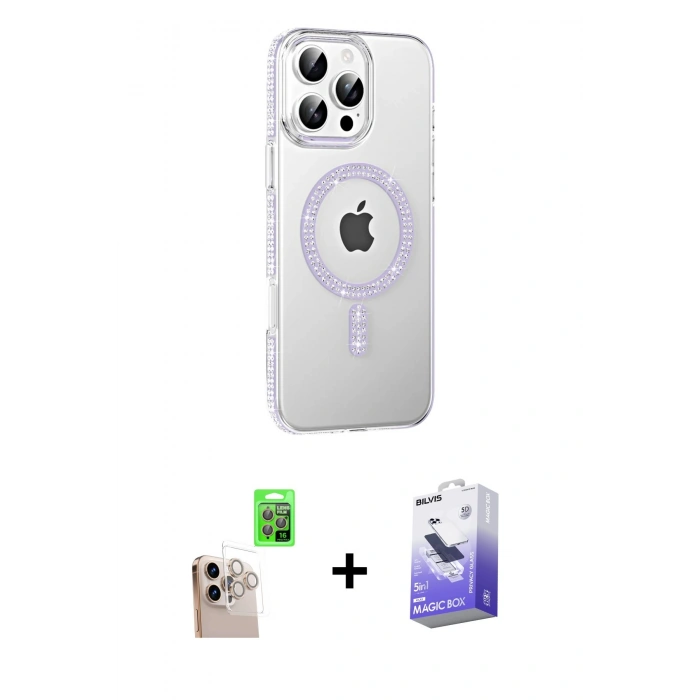 MARSİLYAN™- iPhone 16 Pro Max Kılıf Yörünge Koleksiyonu - Siyah Bilvis 5in1 5D Magic Hayalet Cam Ekran Koruyucu + Natural Grey Raze Metal Kamera Lens