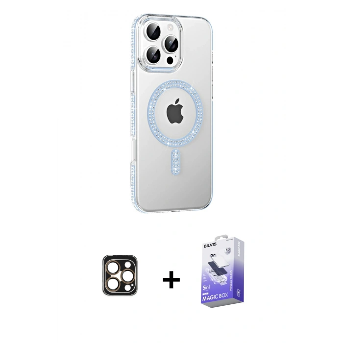 MARSİLYAN™- iPhone 16 Pro Max Kılıf Yörünge Koleksiyonu - Siyah Bilvis 5in1 5D Magic Hayalet Cam Ekran Koruyucu + Gold PVD Metal Kamera Lens