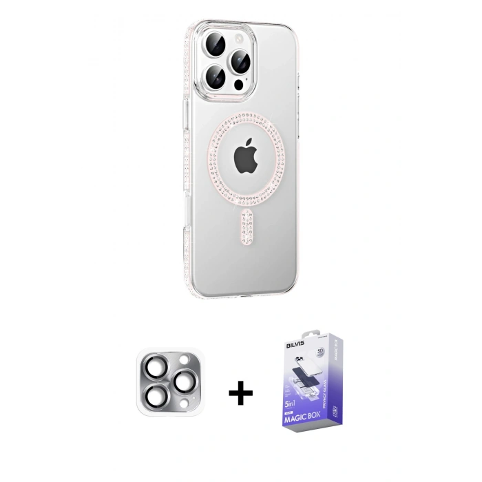 MARSİLYAN™- iPhone 16 Pro Max Kılıf Yörünge Koleksiyonu - Siyah Bilvis 5in1 5D Magic Hayalet Cam Ekran Koruyucu + Pers Alüminyum Kamera Lens - GI