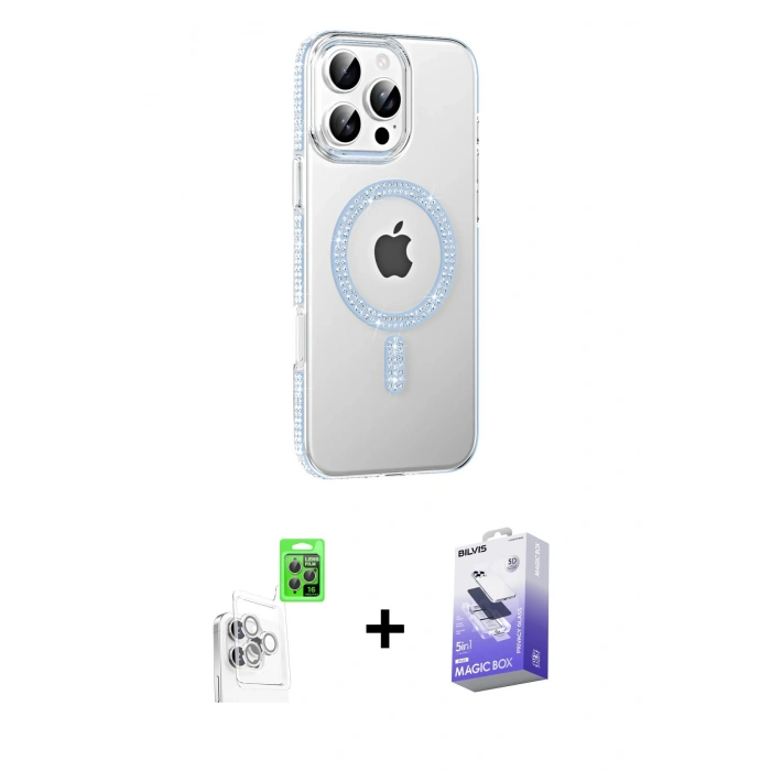 MARSİLYAN™- iPhone 16 Pro Max Kılıf Yörünge Koleksiyonu - Siyah Bilvis 5in1 5D Magic Hayalet Cam Ekran Koruyucu + Beyaz Raze Metal Kamera Lens