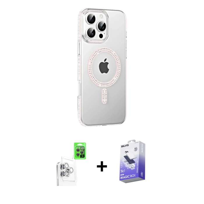 MARSİLYAN™- iPhone 16 Pro Max Kılıf Yörünge Koleksiyonu - Siyah Bilvis 5in1 5D Magic Hayalet Cam Ekran Koruyucu + Beyaz Raze Metal Kamera Lens
