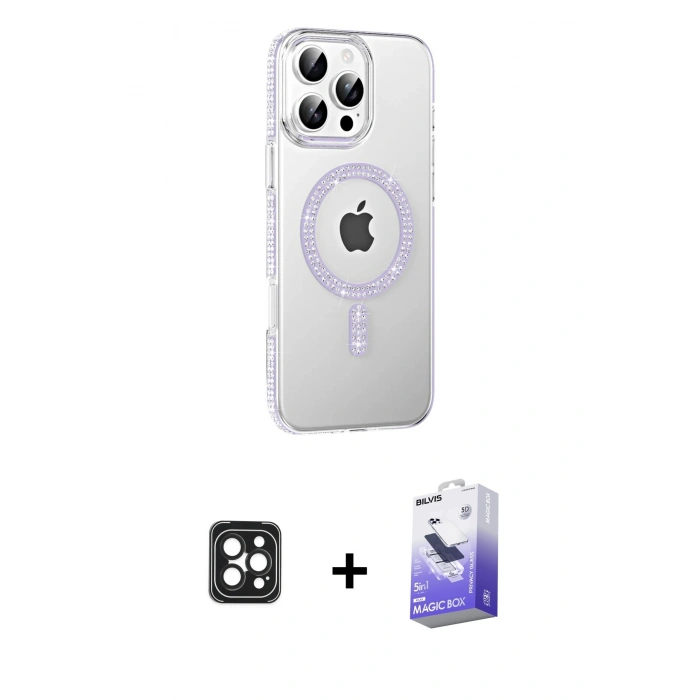 MARSİLYAN™- iPhone 16 Pro Max Kılıf Yörünge Koleksiyonu - Siyah Bilvis 5in1 5D Magic Hayalet Cam Ekran Koruyucu + PVD Metal Kamera Lens - SH
