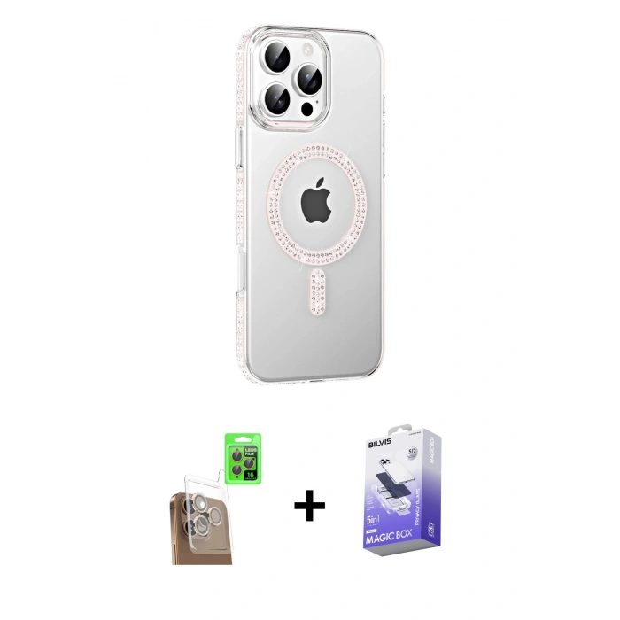 MARSİLYAN™- iPhone 16 Pro Max Kılıf Yörünge Koleksiyonu - Siyah Bilvis 5in1 5D Magic Hayalet Cam Ekran Koruyucu + Raze Metal Kamera Lens - CLTM