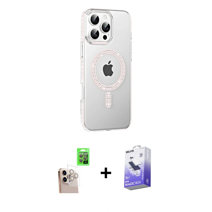 MARSİLYAN™- iPhone 16 Pro Max Kılıf Yörünge Koleksiyonu - Siyah Bilvis 5in1 5D Magic Hayalet Cam Ekran Koruyucu + Natural Grey Raze Metal Kamera Lens