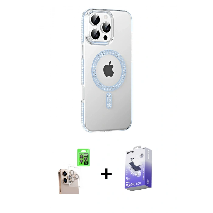 MARSİLYAN™- iPhone 16 Pro Max Kılıf Yörünge Koleksiyonu - Siyah Bilvis 5in1 5D Magic Hayalet Cam Ekran Koruyucu + Natural Grey Raze Metal Kamera Lens