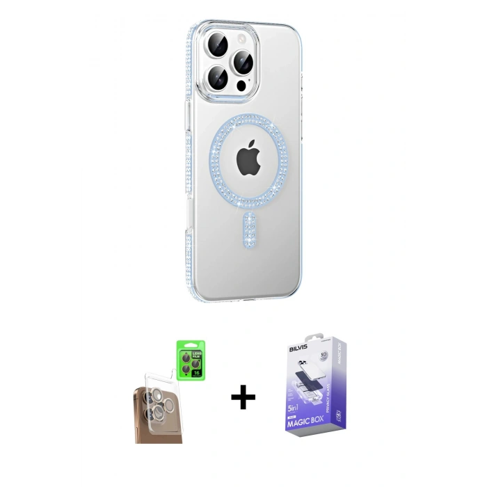 MARSİLYAN™- iPhone 16 Pro Max Kılıf Yörünge Koleksiyonu - Siyah Bilvis 5in1 5D Magic Hayalet Cam Ekran Koruyucu + Raze Metal Kamera Lens - CLTM
