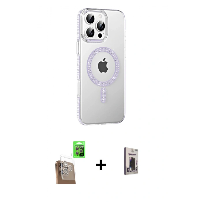 MARSİLYAN™- iPhone 16 Pro Max Kılıf Yörünge Koleksiyonu - Siyah Bilvis Hayalet Cam Ekran Koruyucu + Raze Metal Kamera Lens - CLTM