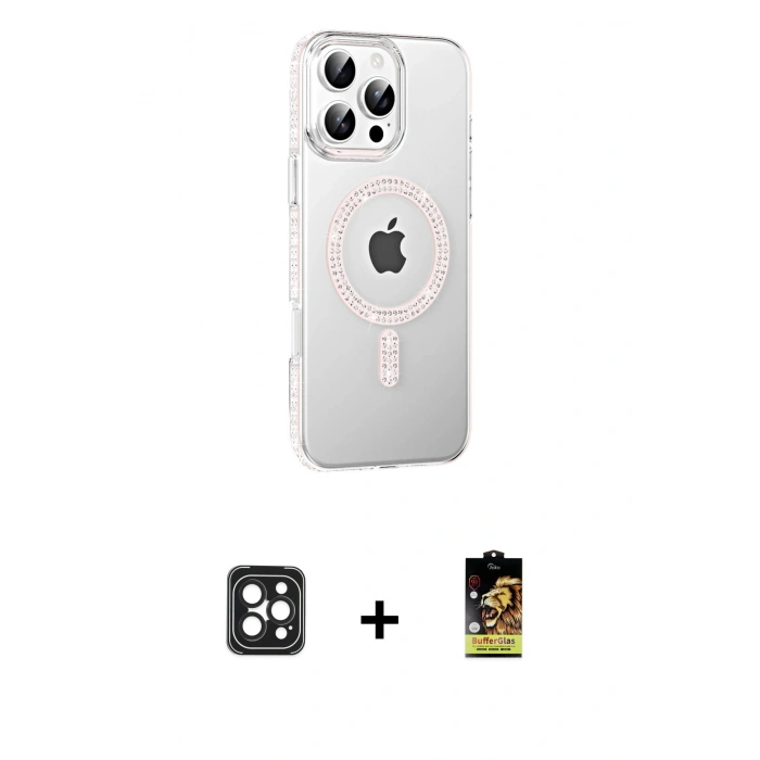 MARSİLYAN™- iPhone 16 Pro Max Kılıf Yörünge Koleksiyonu - Siyah Buffer Cam Ekran Koruyucu + PVD Metal Kamera Lens - SH