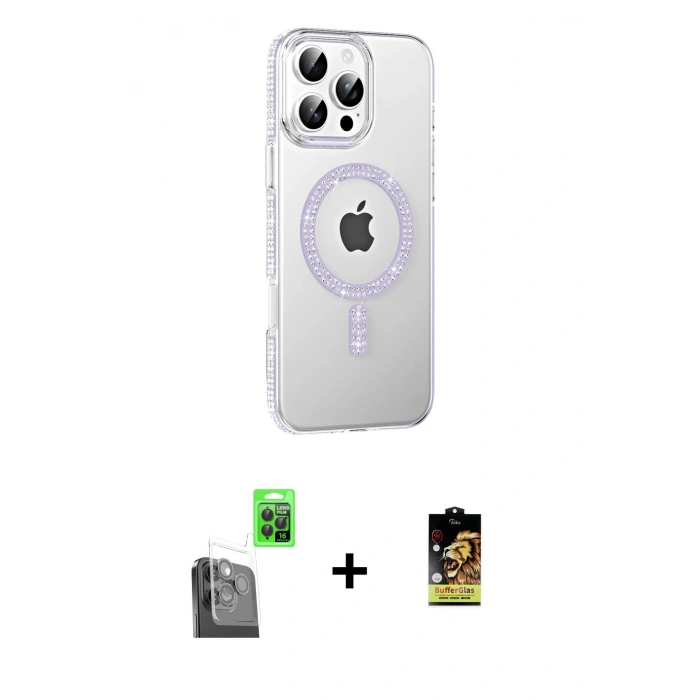 MARSİLYAN™- iPhone 16 Pro Max Kılıf Yörünge Koleksiyonu - Siyah Buffer Cam Ekran Koruyucu + Siyah Raze Metal Kamera Lens