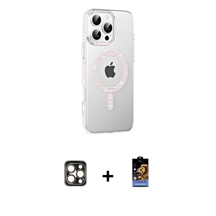 MARSİLYAN™- iPhone 16 Pro Max Kılıf Yörünge Koleksiyonu - Siyah Buffer Hayalet Cam Ekran Koruyucu + Gold PVD Metal Kamera Lens